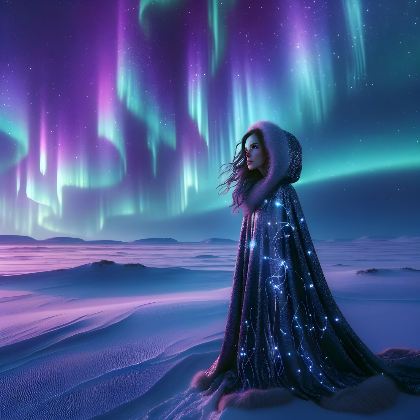 Solitary Figure Under Northern Lights in Snowy Landscape