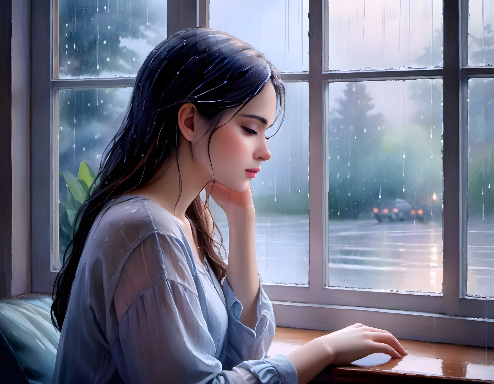 Young Woman Contemplating by a Rainy Window