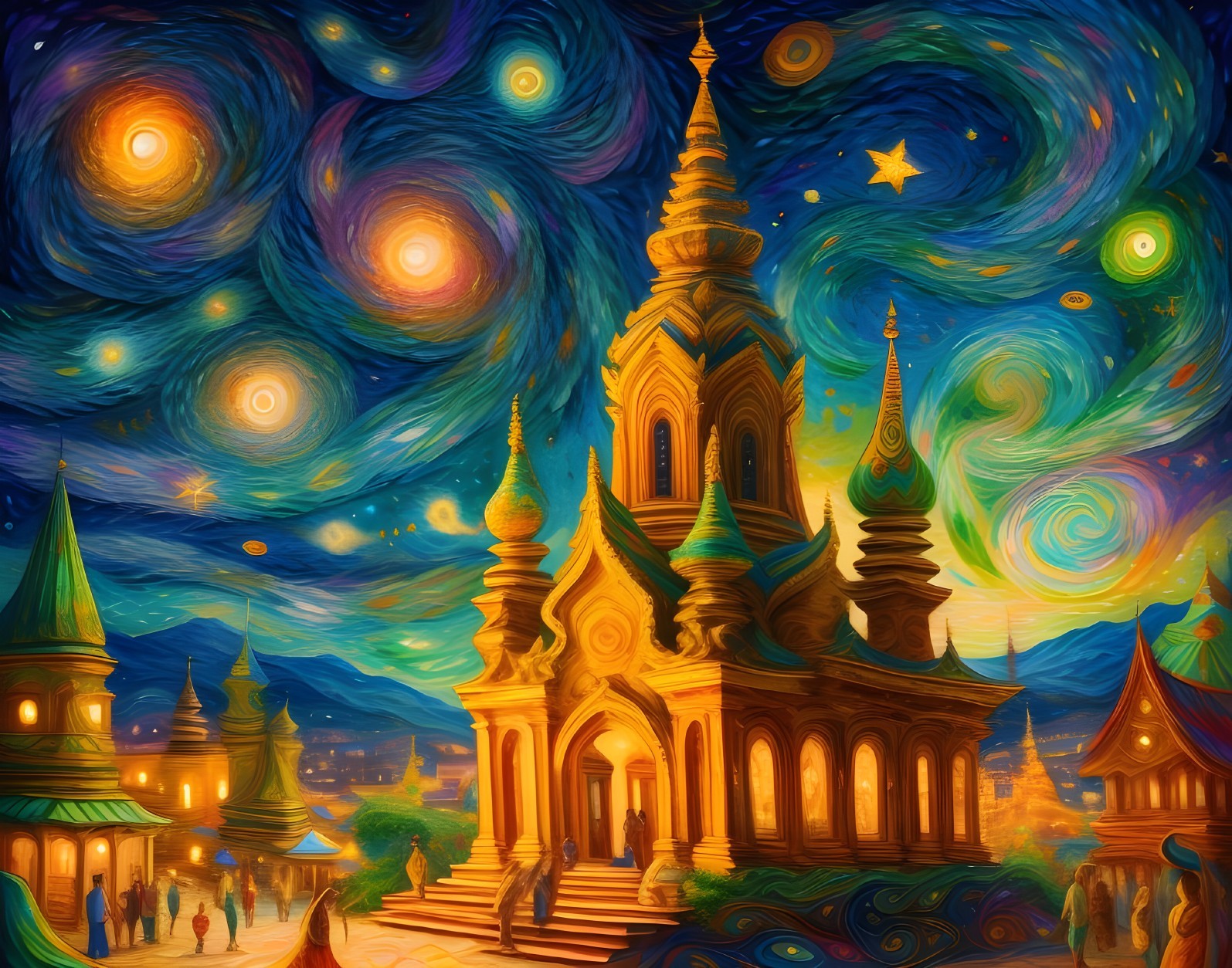 Fantasy Temple with Spires Under Starry Night Sky