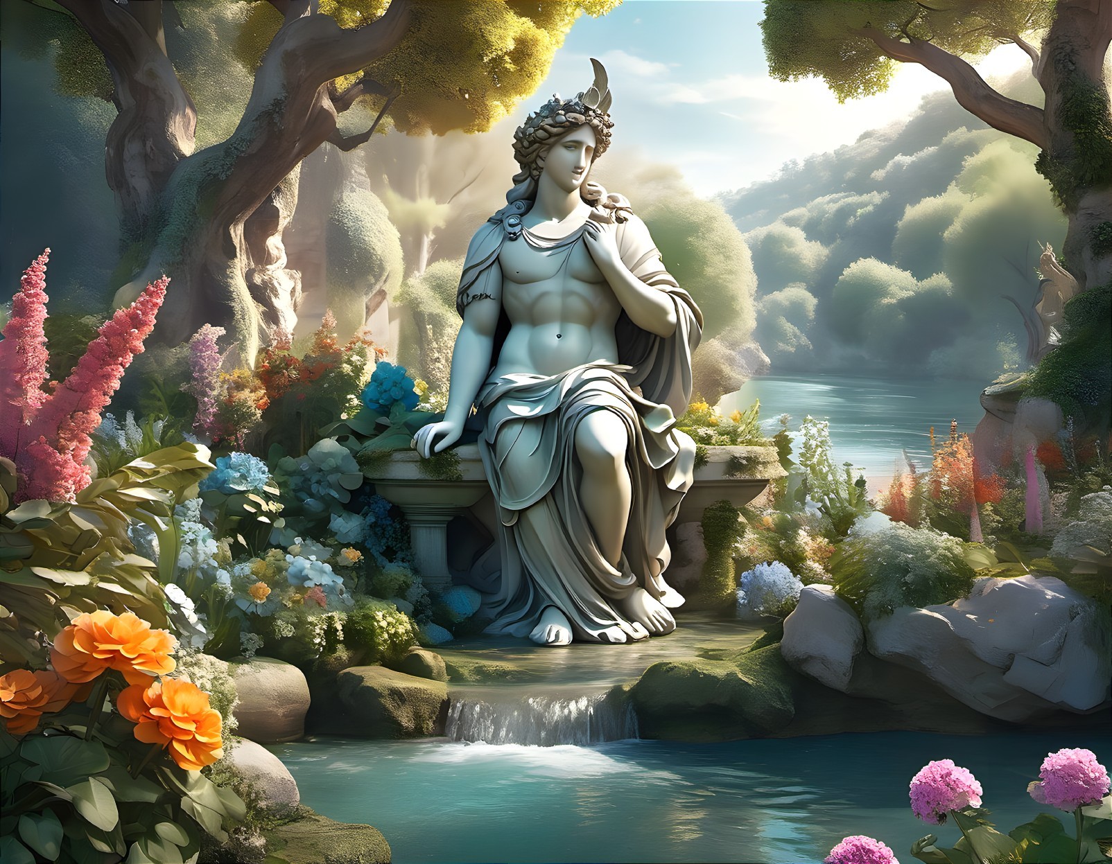 Serene Landscape with Marble Statue by Tranquil River