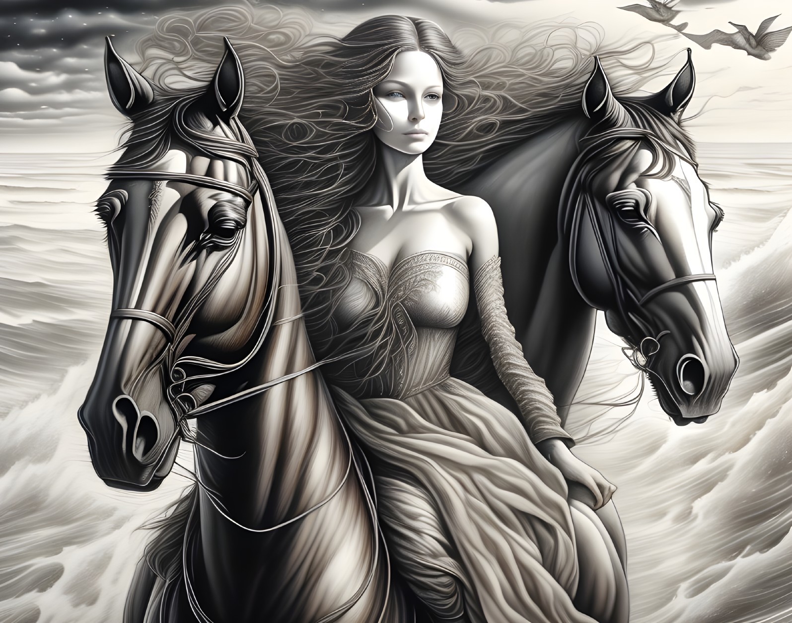 Surreal Monochromatic Scene of Woman and Horses