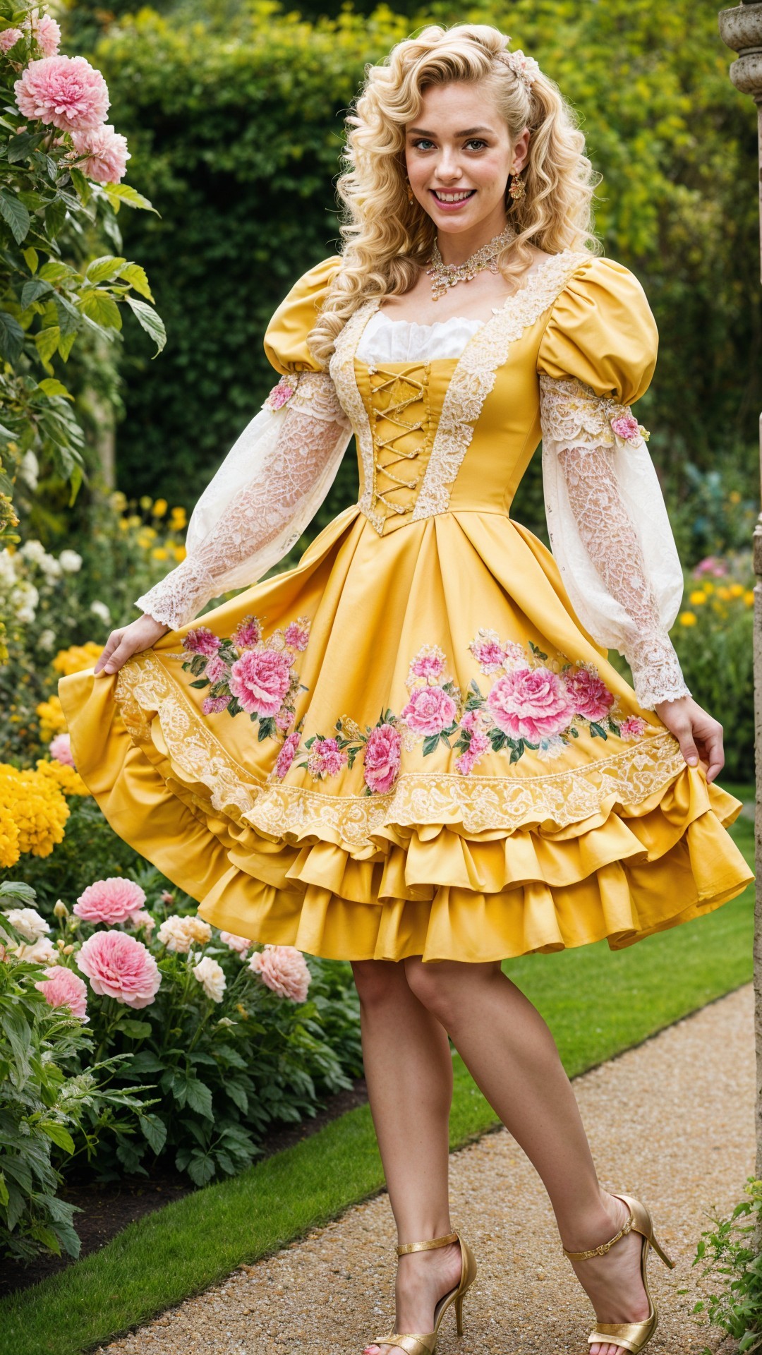 Vibrant Yellow Dress in Blooming Garden Setting