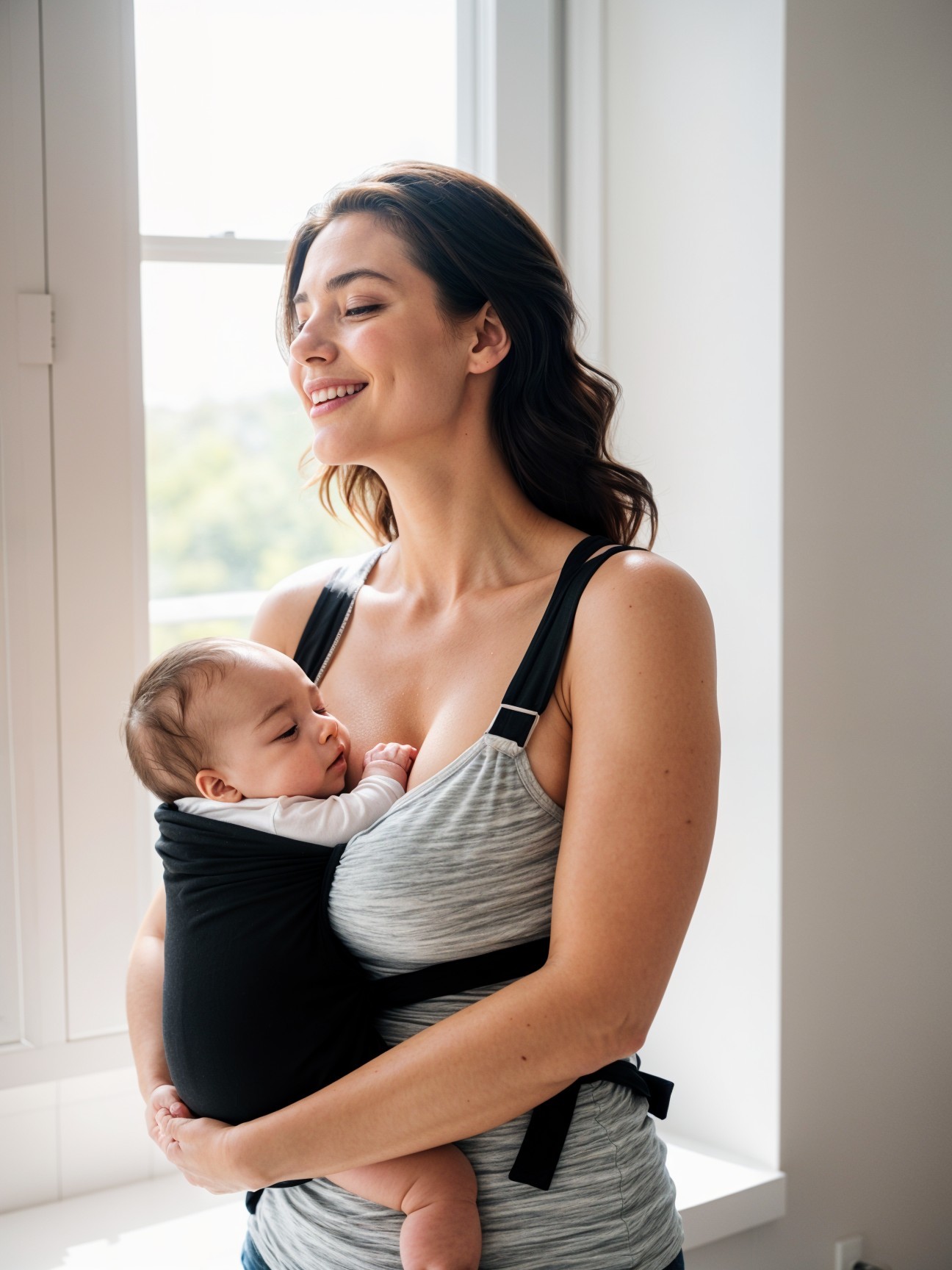 Mother Cradling Sleeping Baby by a Sunlit Window