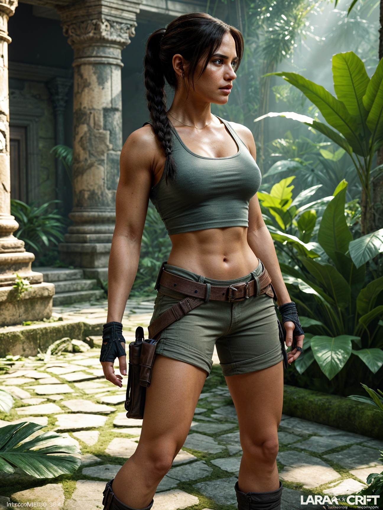 Female Adventurer in Lush Temple Courtyard Setting