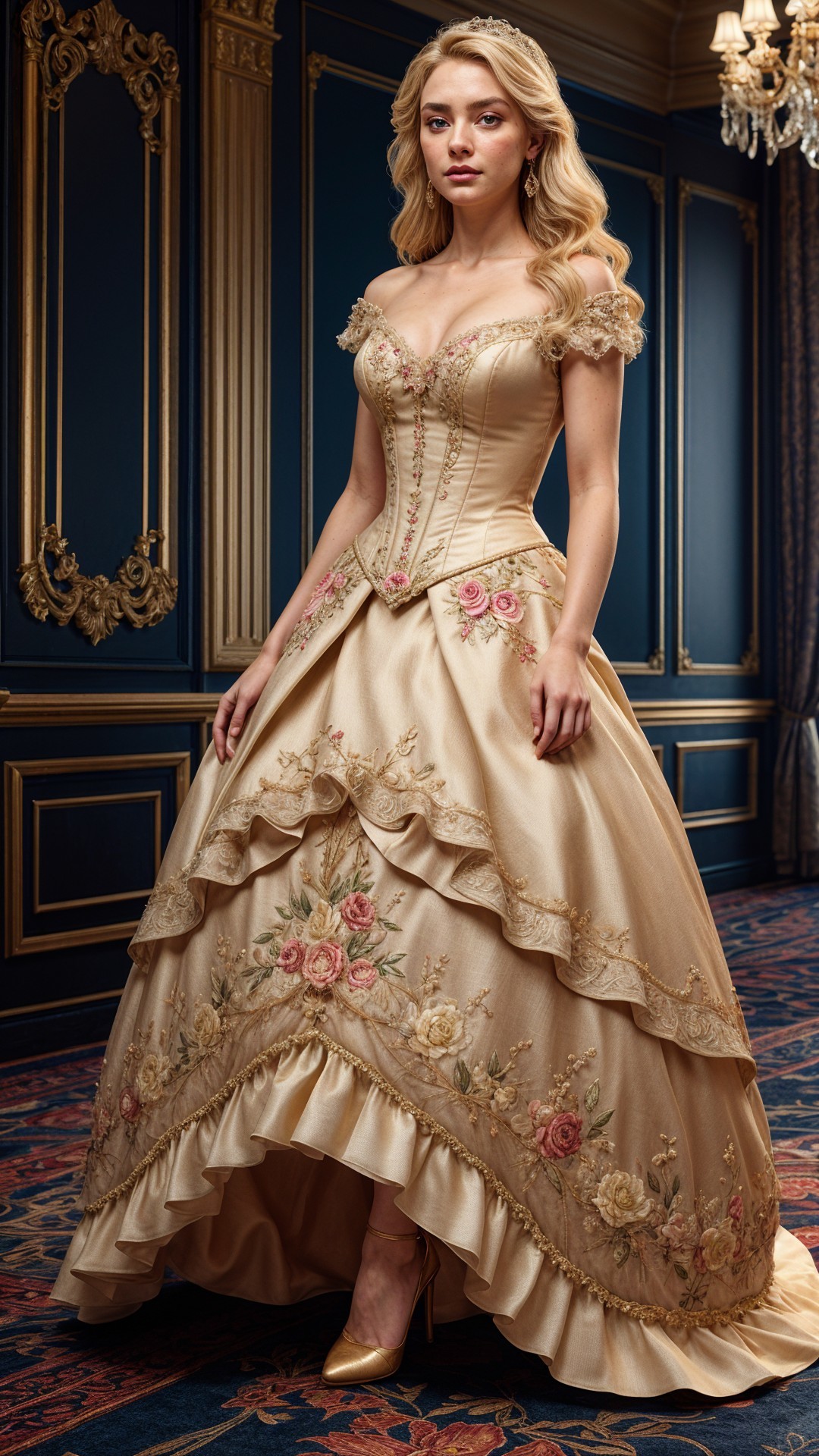 Elegant gold gown with floral embroidery in luxury setting