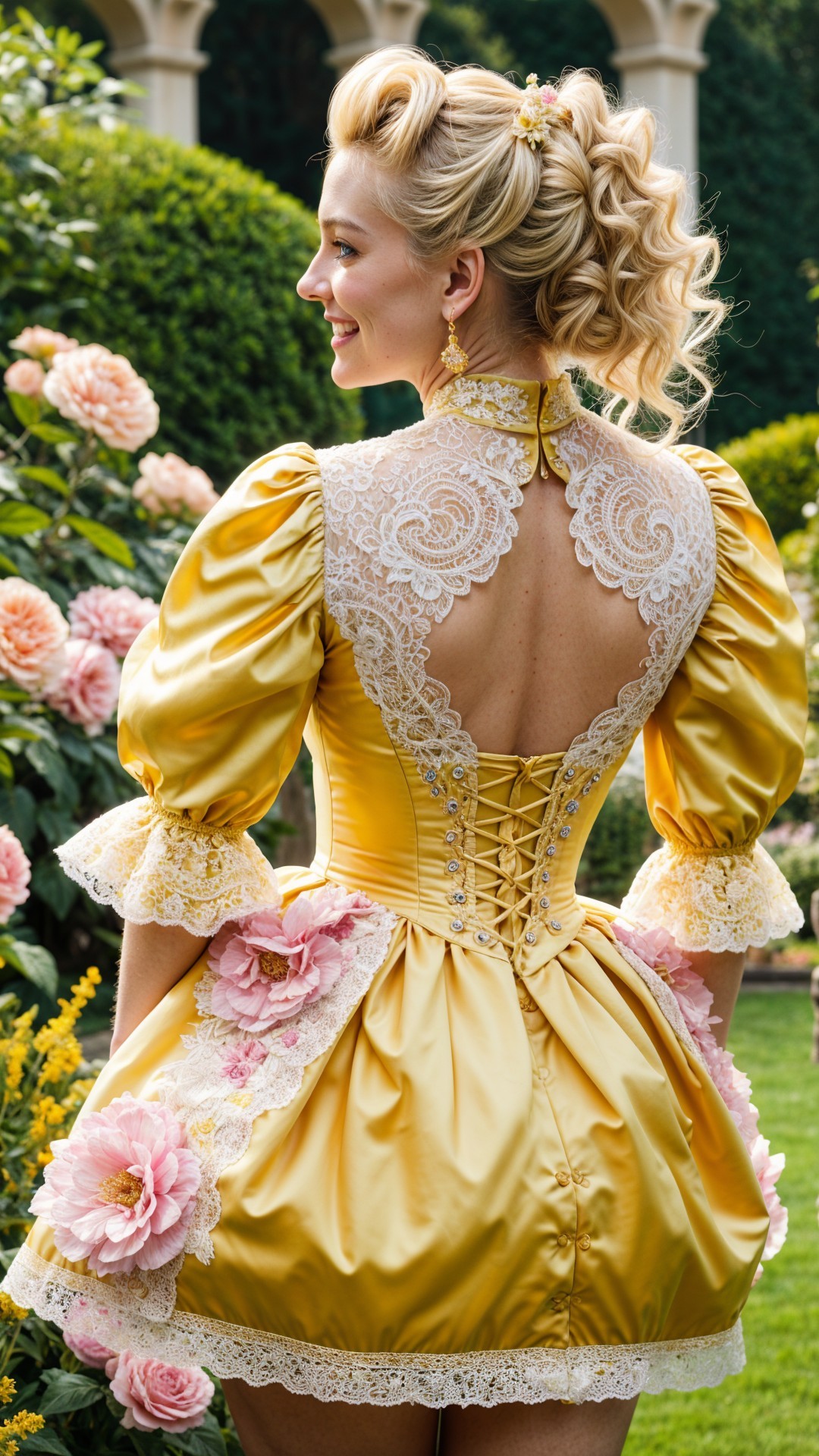 Woman in yellow dress in a lush garden setting