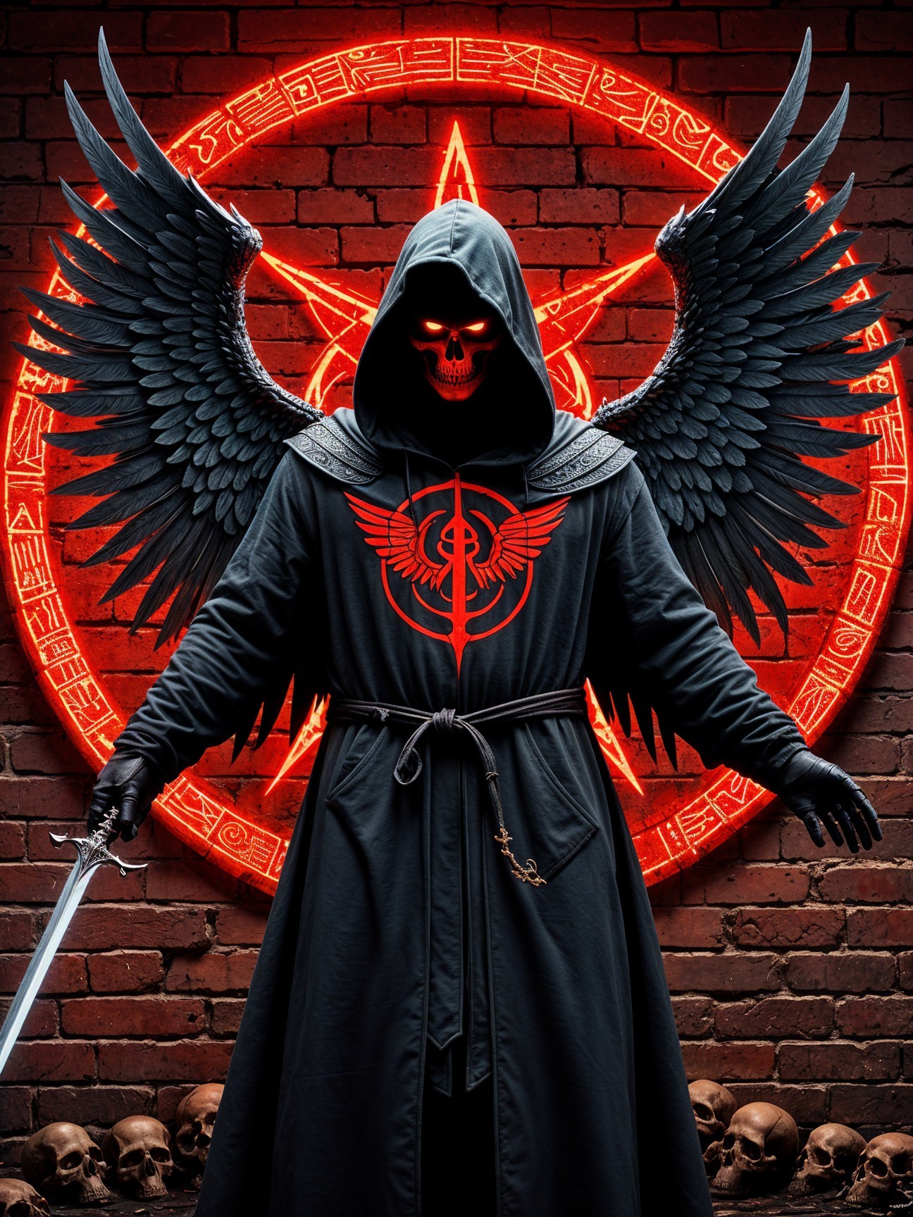 Cloaked Figure with Skull Face and Glowing Wings