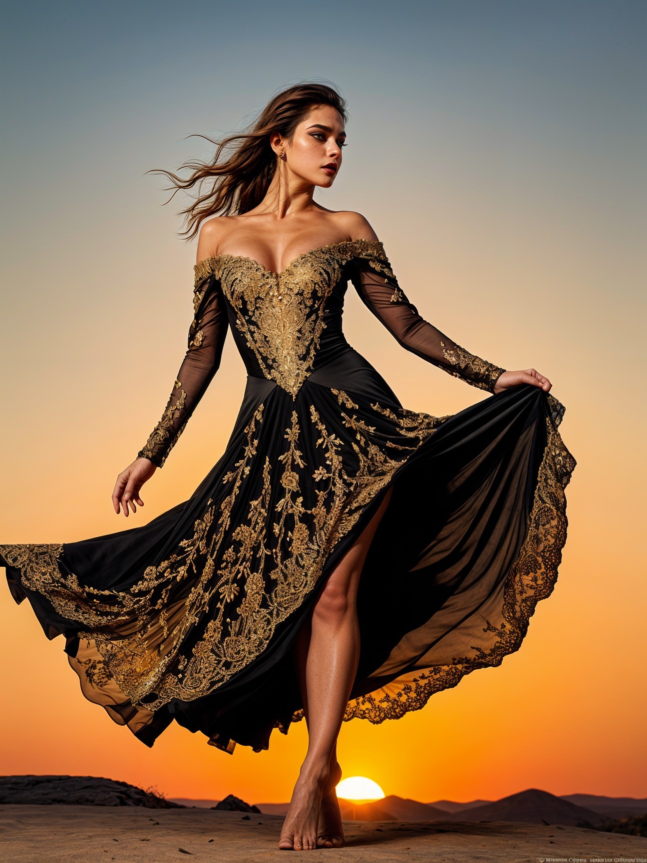 Elegant figure in black gown at vibrant sunset