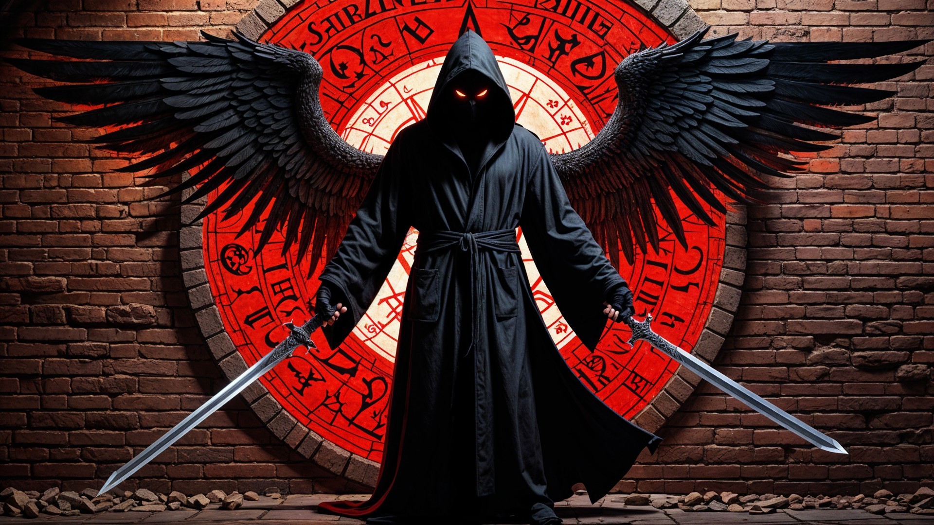 Cloaked figure with glowing eyes and large wings