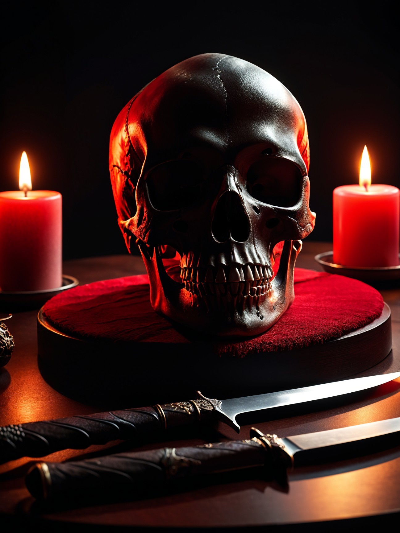 Glossy Black Skull on Crimson Cloth with Candles and Daggers