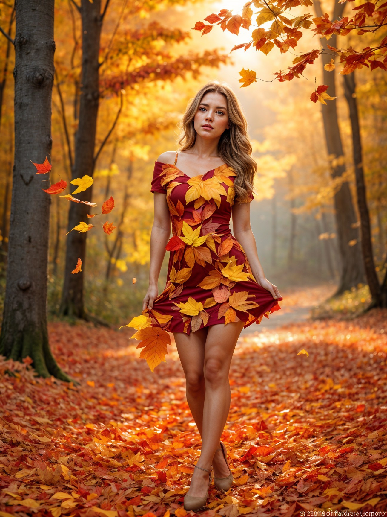 Young Woman in Autumn Forest with Colorful Leaves