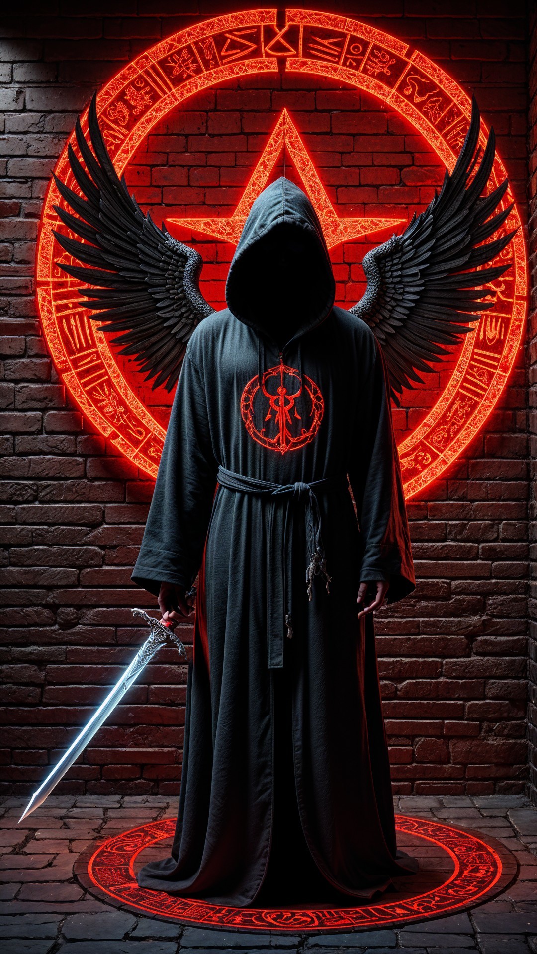 Cloaked Figure with Wings and Glowing Sword in Darkness