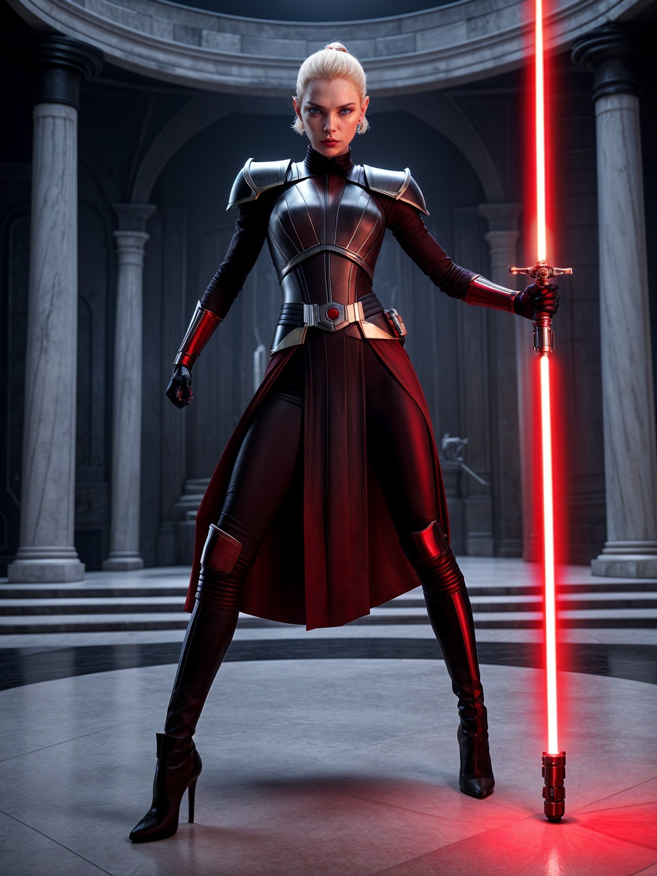 Confident Figure with Red Lightsaber in Classical Setting