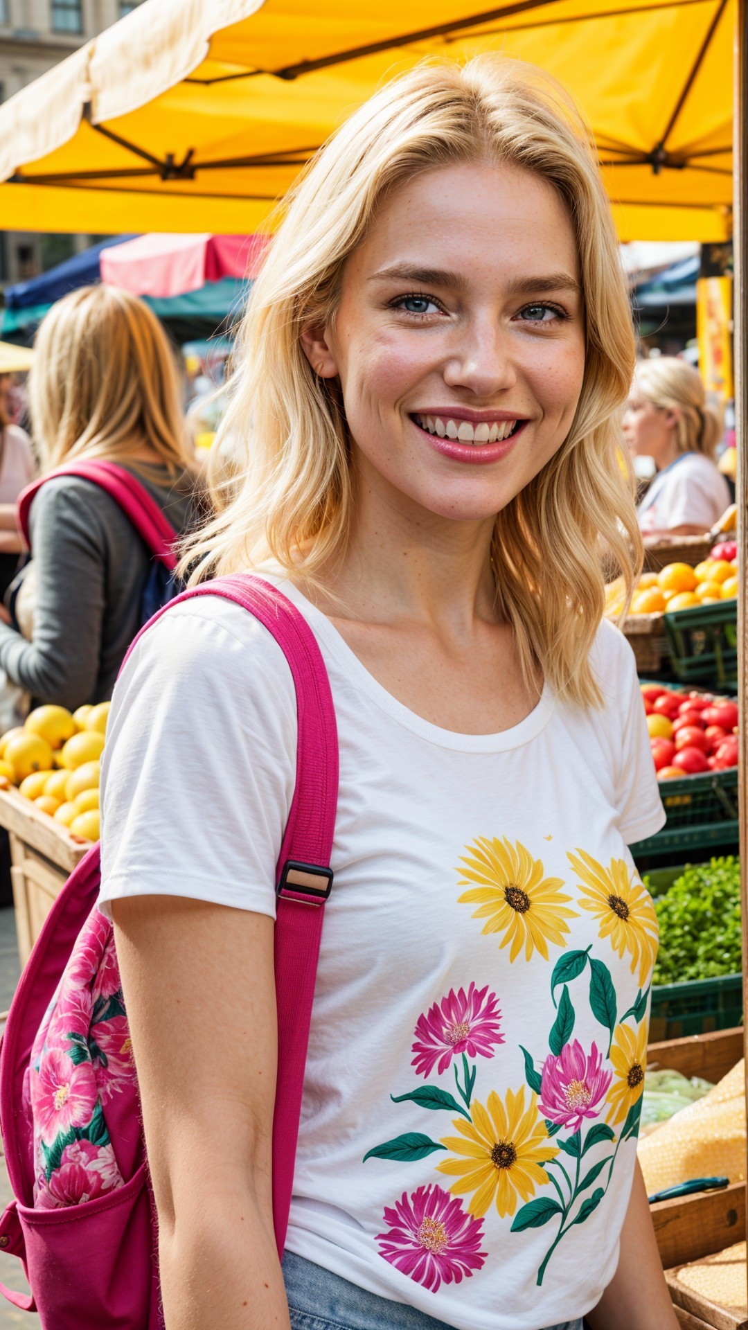 Young Woman Smiling at Vibrant Outdoor Market Scene