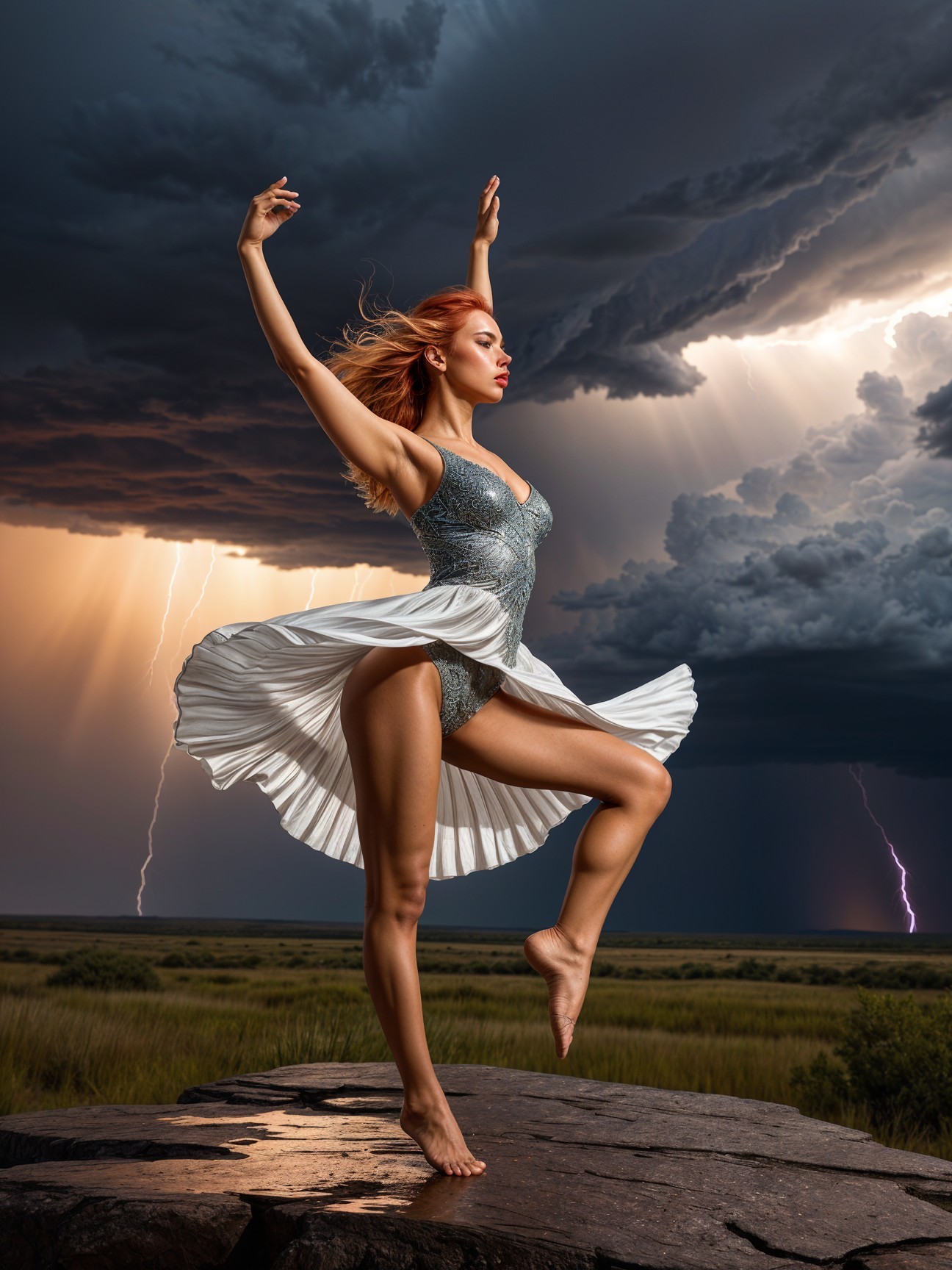 Dancer in Silver Outfit on Rocky Outcrop with Stormy Sky