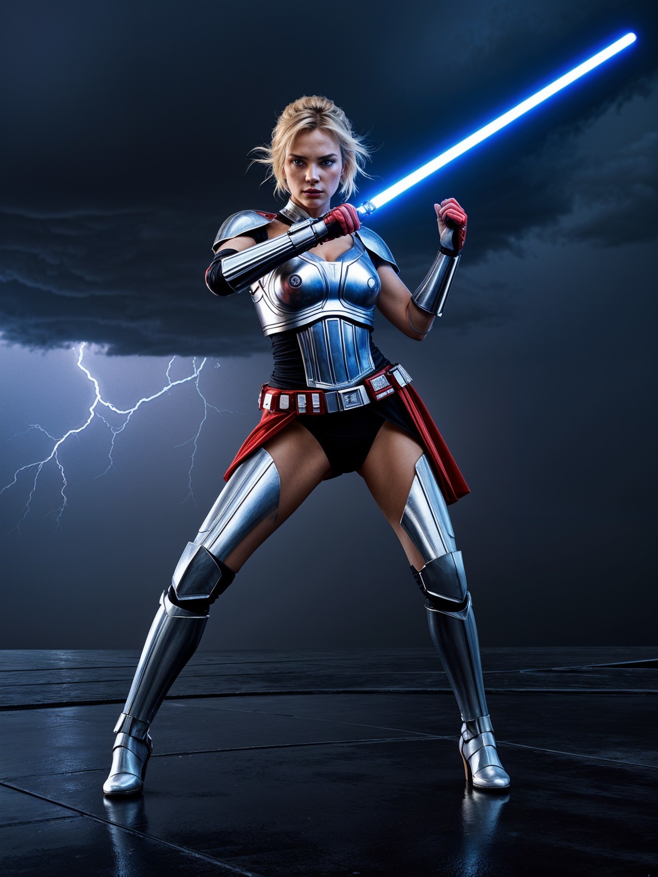 Fierce Female Warrior in Silver Armor with Lightsaber