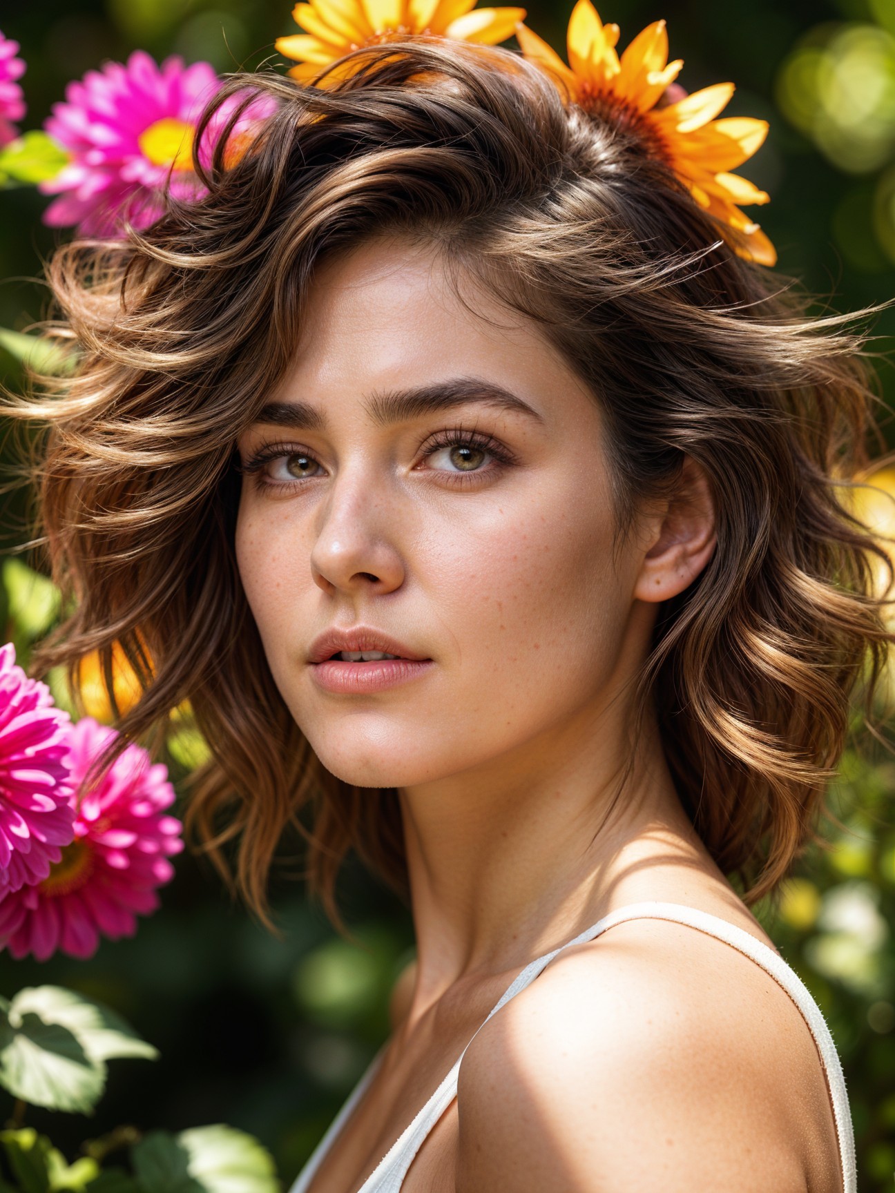 Close-up Portrait of a Young Woman with Flowers