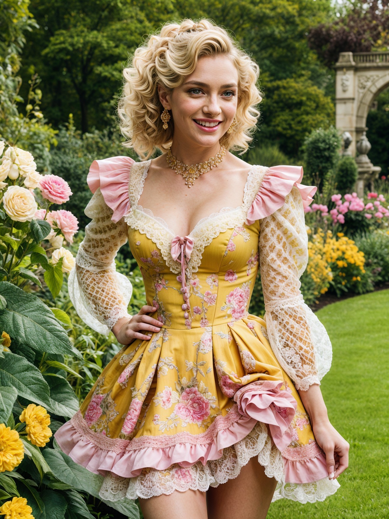 Young woman in yellow dress in vibrant garden setting