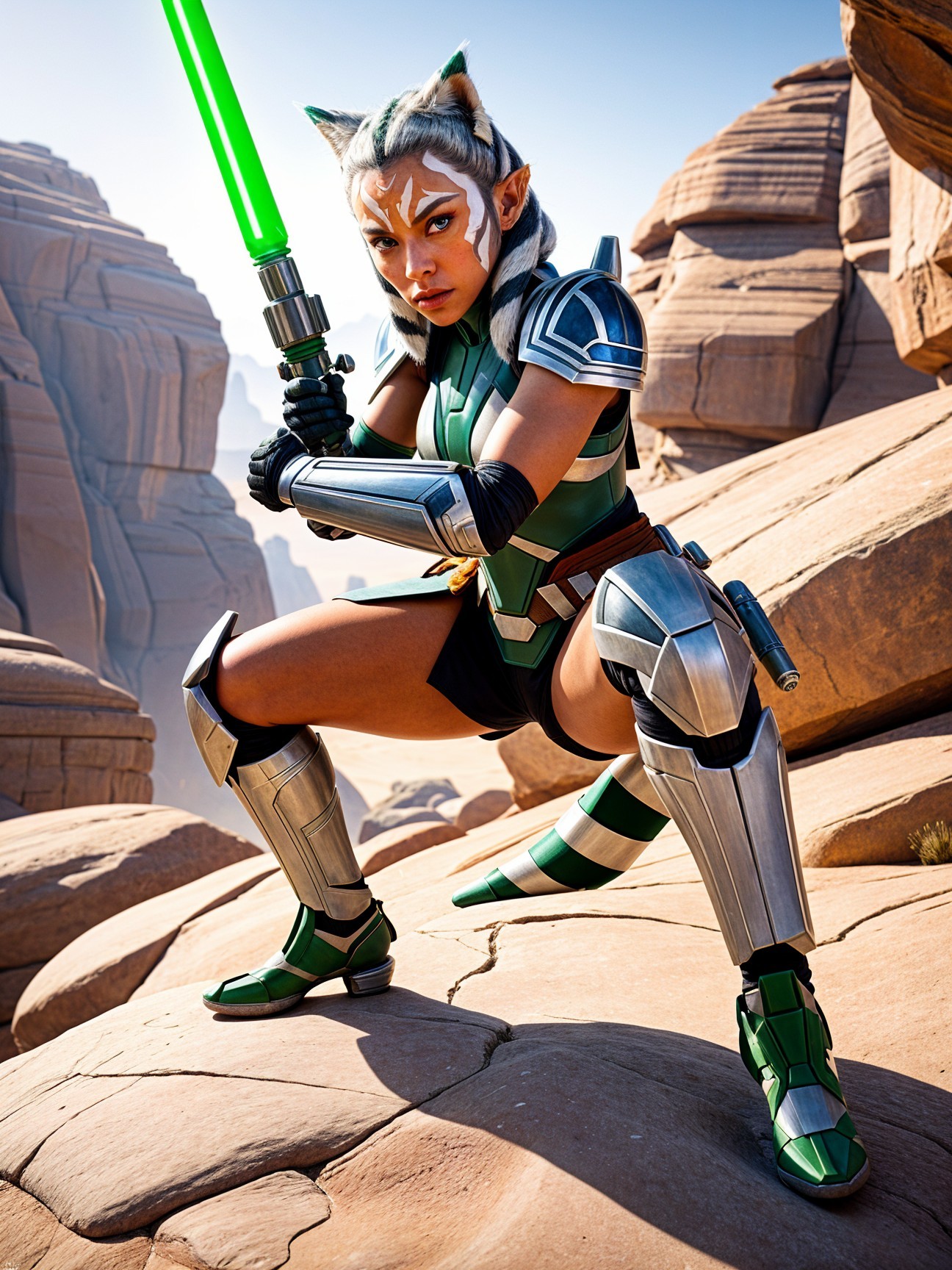 Fierce Warrior with Lightsaber on Rugged Terrain