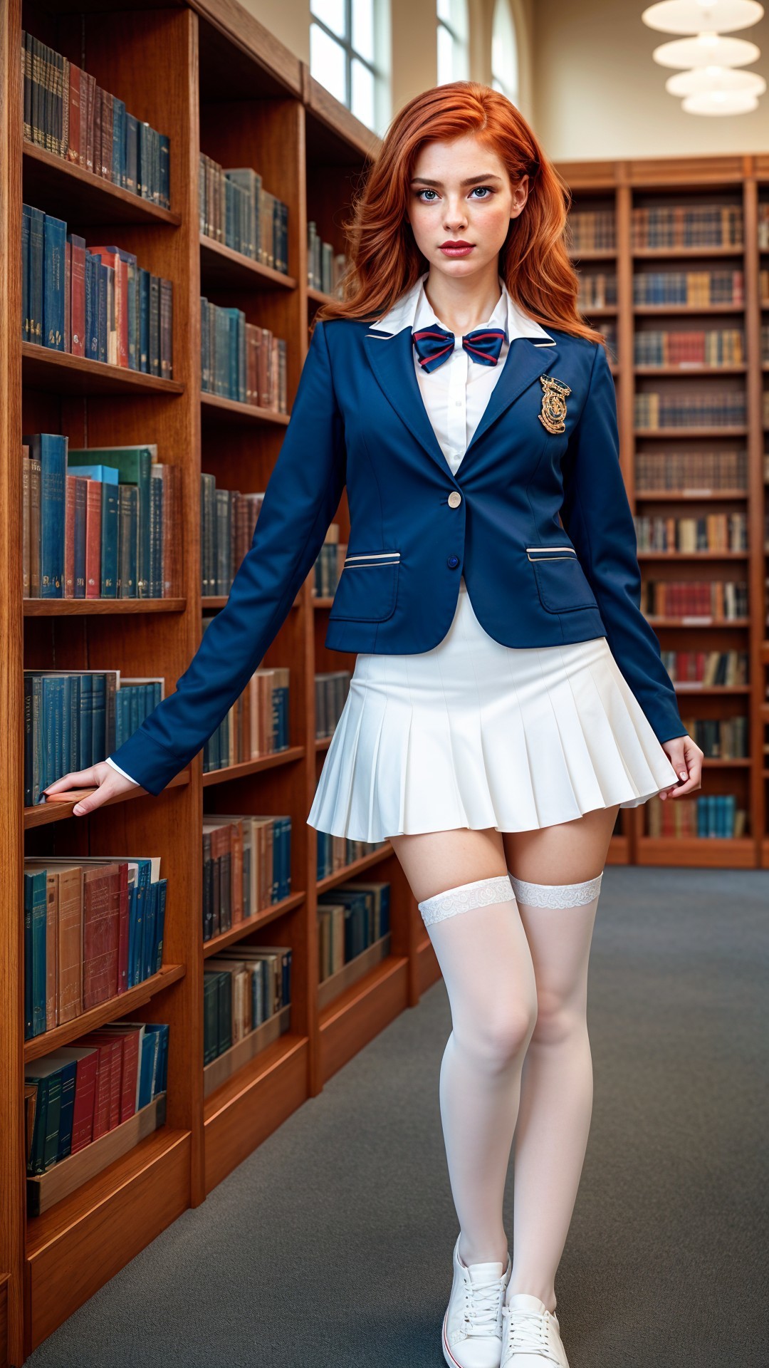 Young Woman in Stylish Blazer Posing in Library