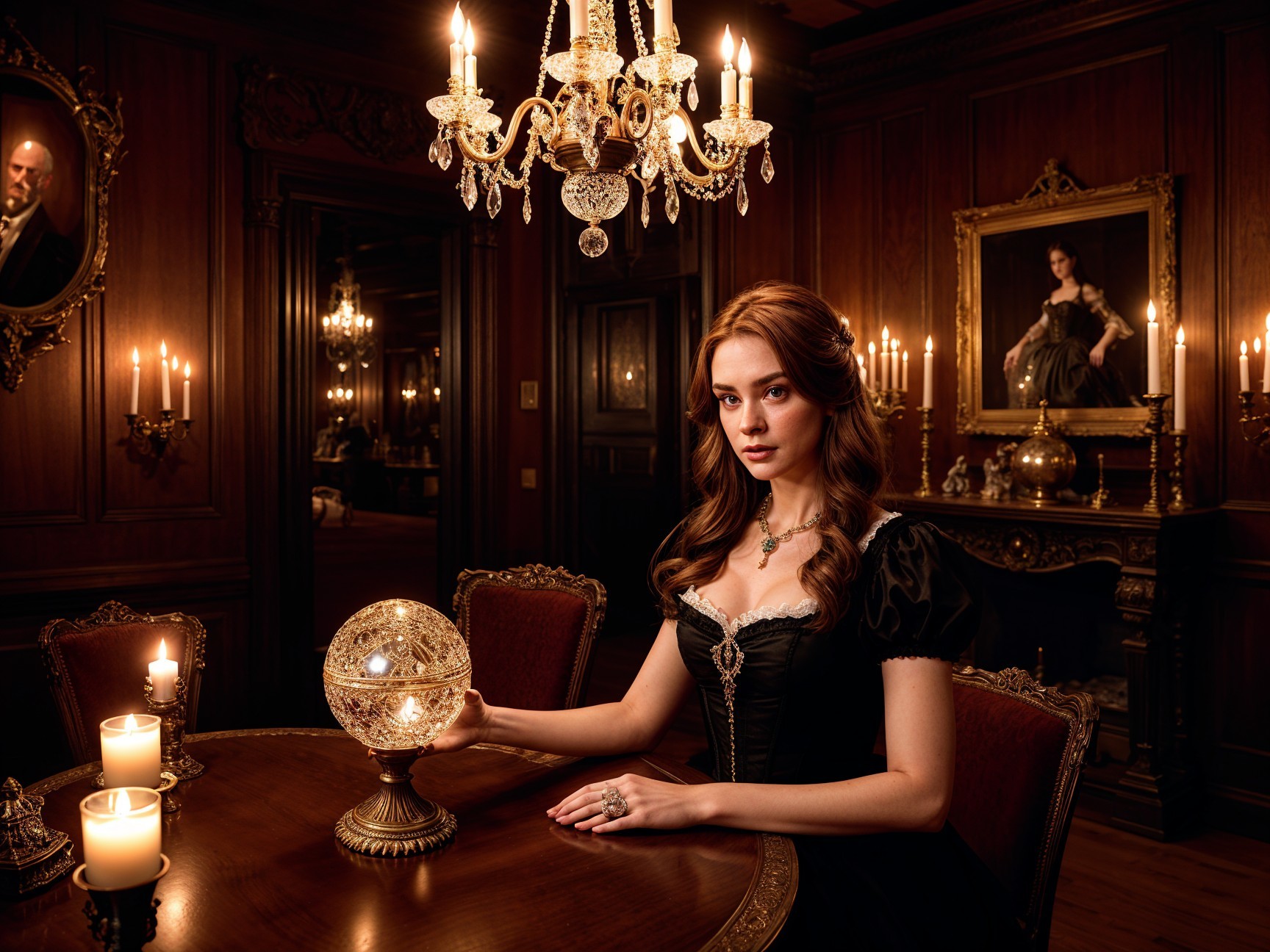 Victorian Woman in Elegant Room with Crystal Globe
