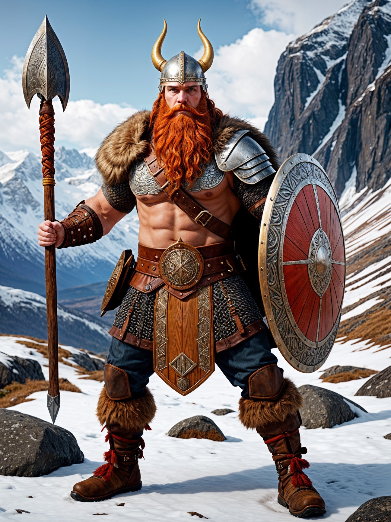 Muscular Viking Warrior in Snowy Mountain Landscape