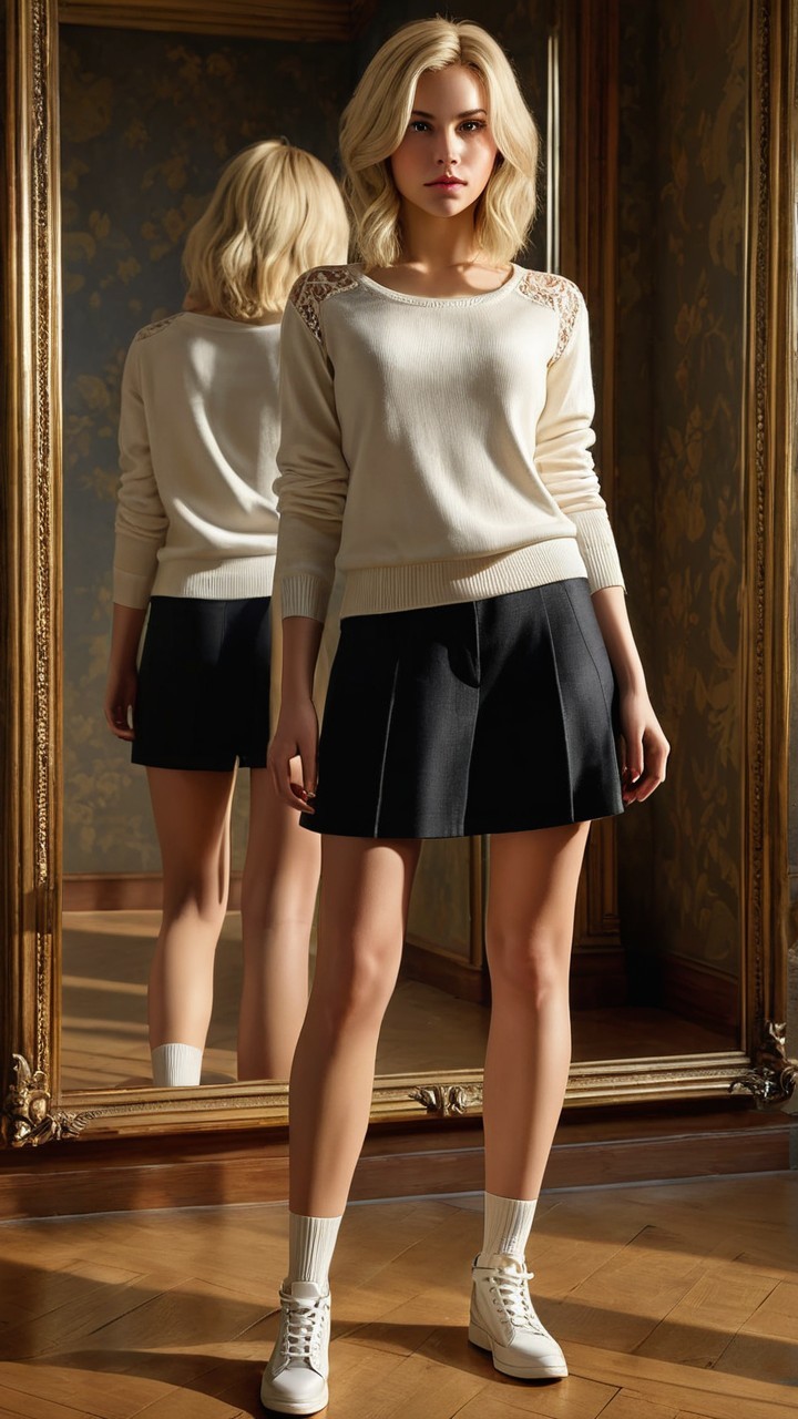 Young woman in cream sweater and black skirt by mirror