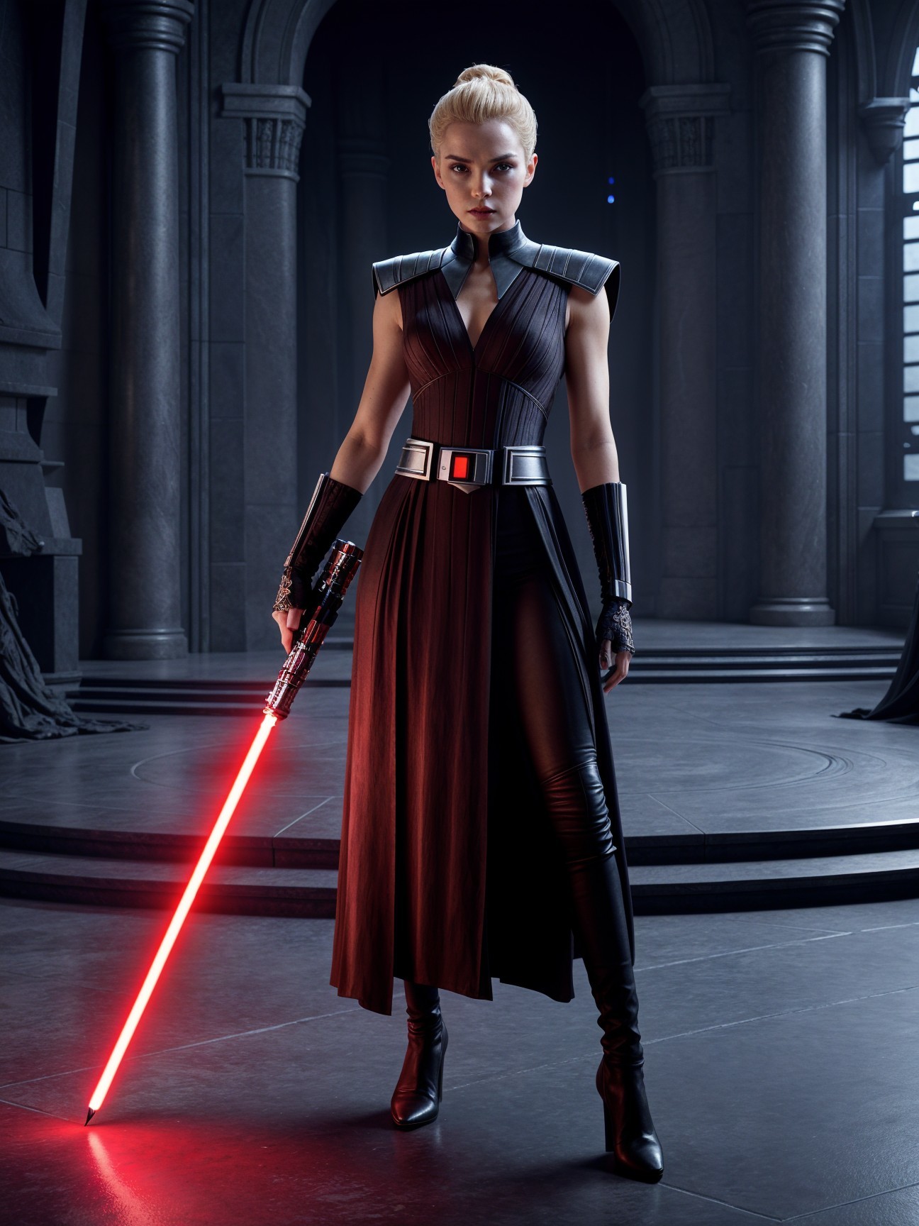 Confident Figure with Red Lightsaber in Dark Space