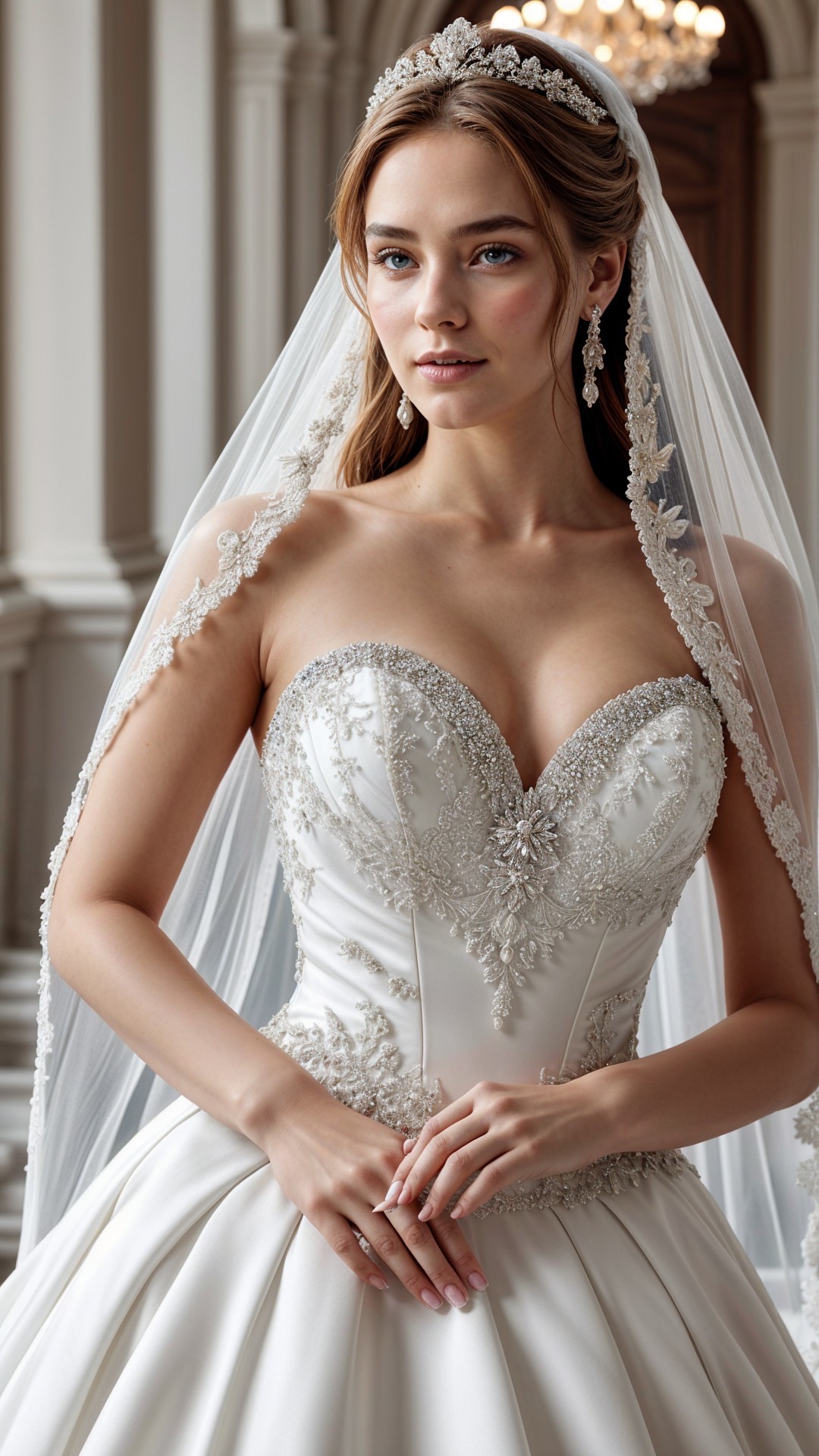 Elegant Bride in Strapless Wedding Gown with Veil