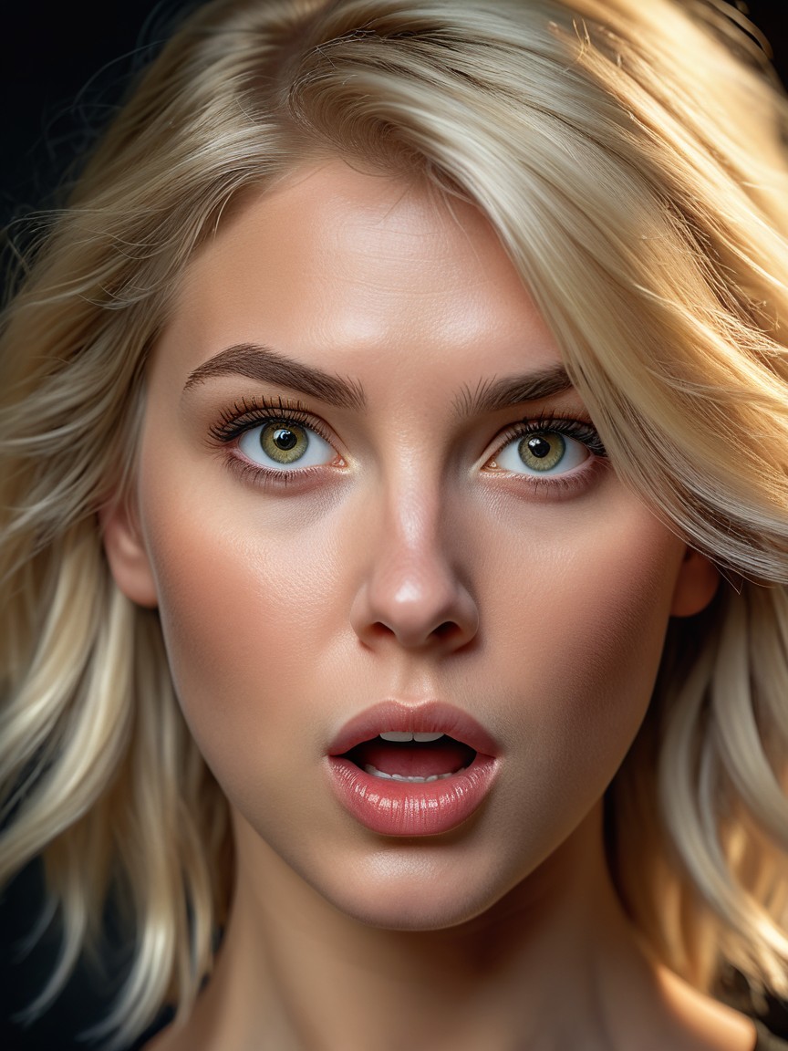 Close-Up Portrait of a Surprised Woman with Green Eyes