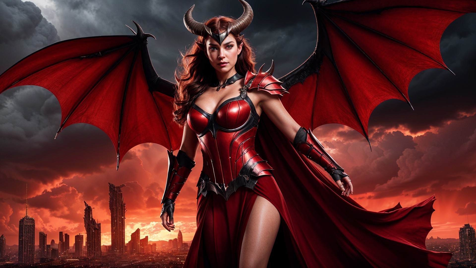 Female figure in red armor against sunset backdrop