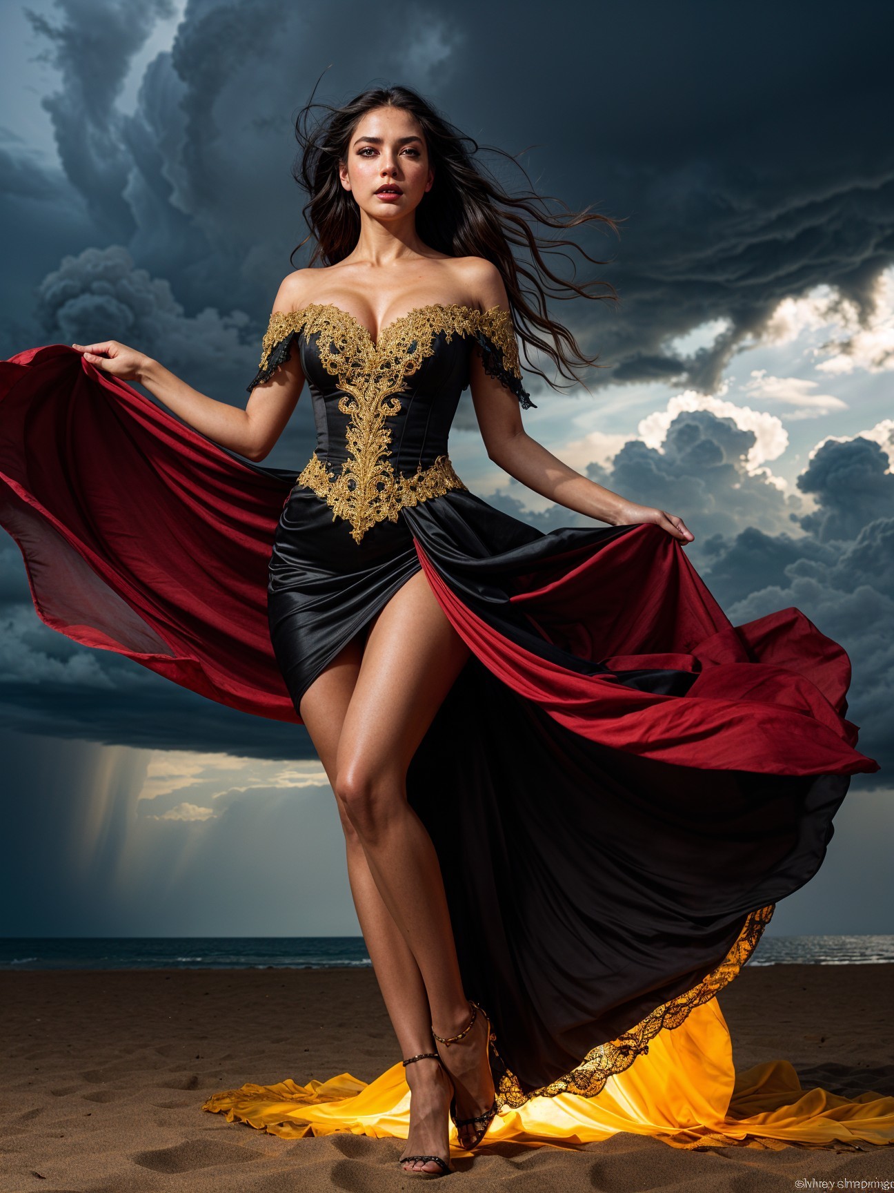 Elegant woman in dramatic dress on sandy beach