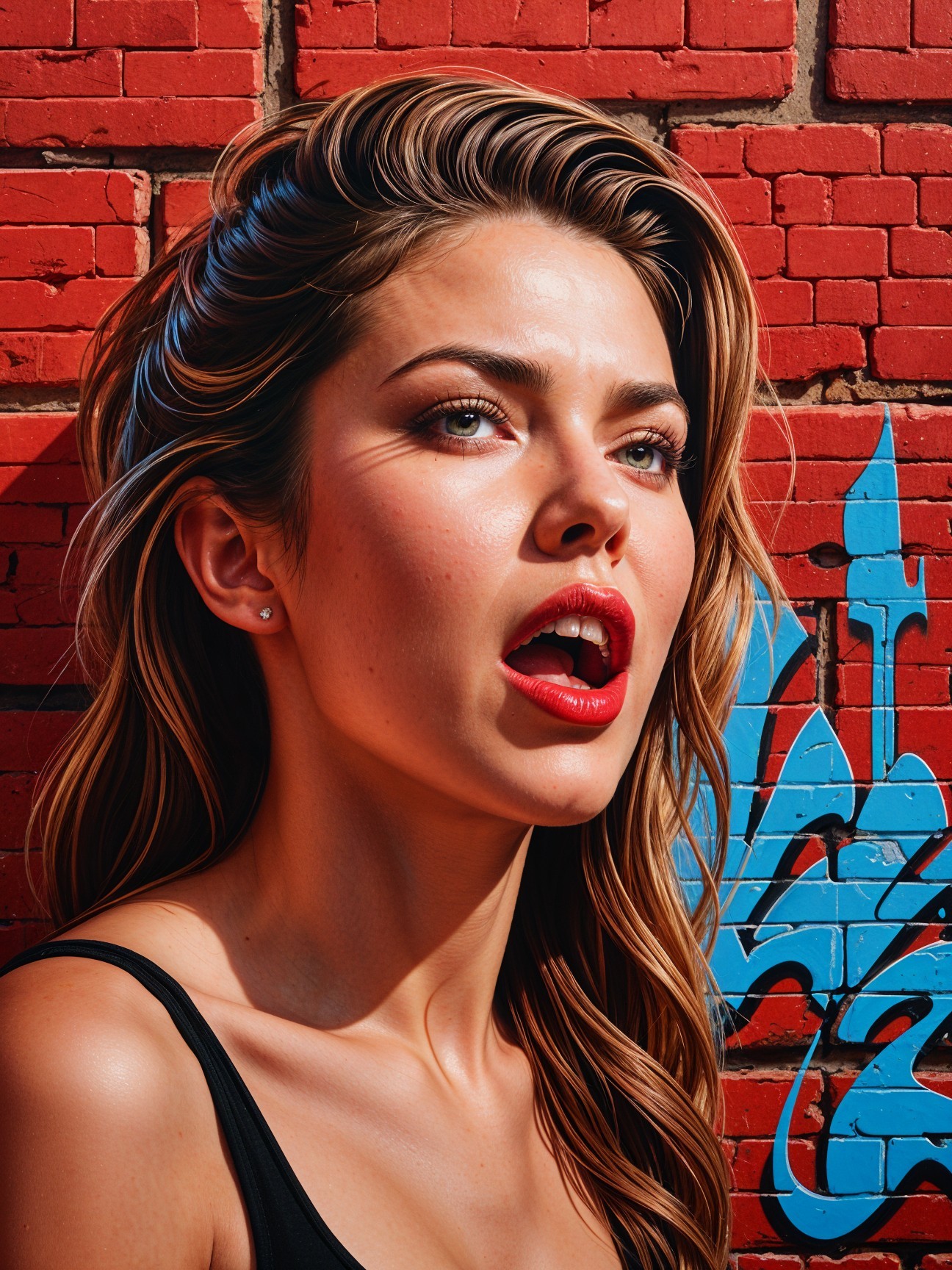 Young Woman Posed Against Red Brick Wall with Graffiti