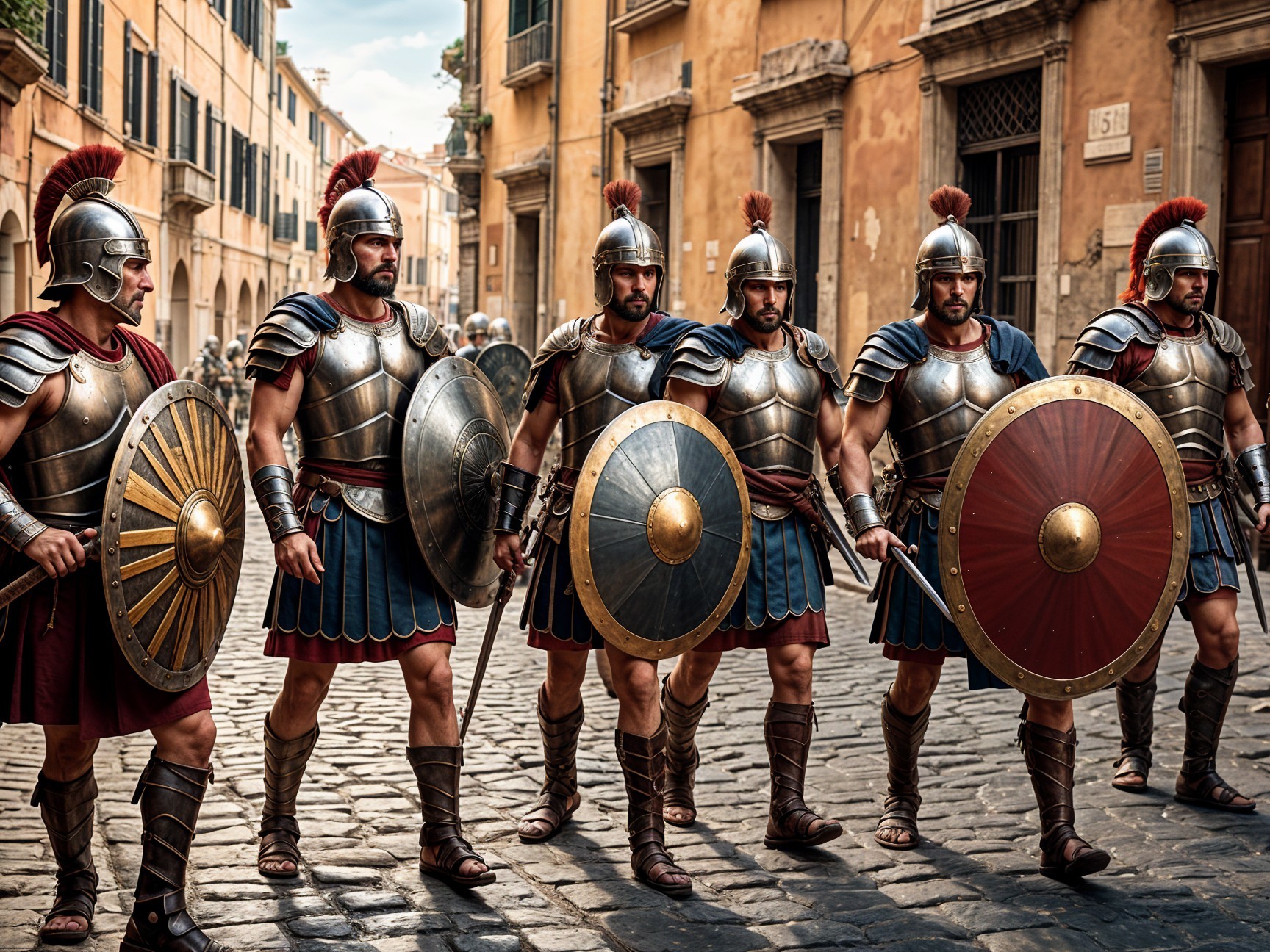 Ancient Roman Soldiers Marching on Cobblestone Street
