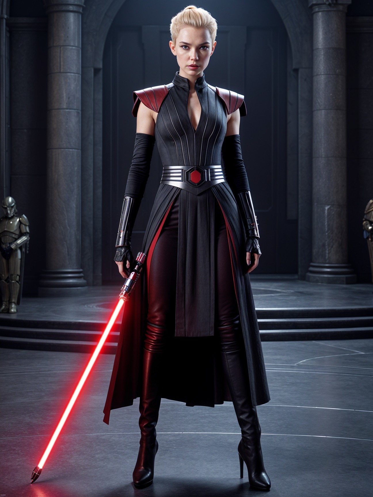Powerful Figure with Red Lightsaber in Dark Setting