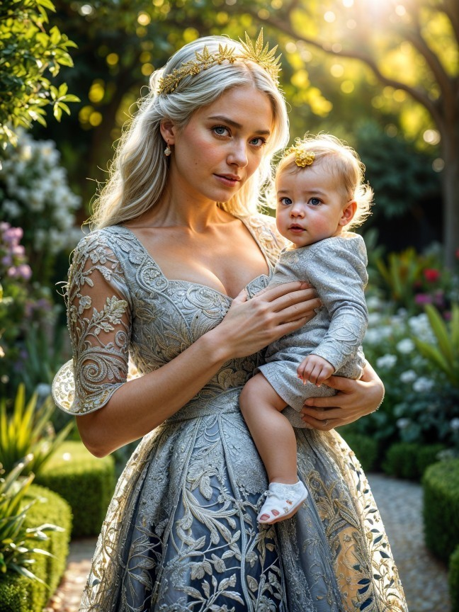 Woman in Silver Gown with Child in Lush Garden