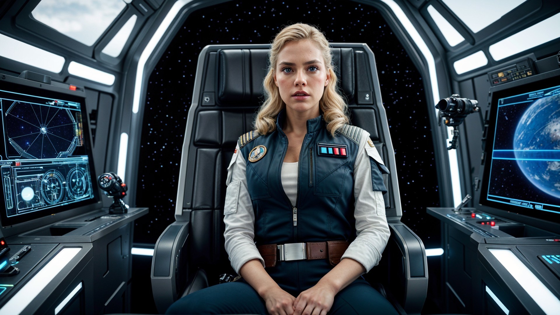 Young woman in futuristic spacecraft cockpit with stars