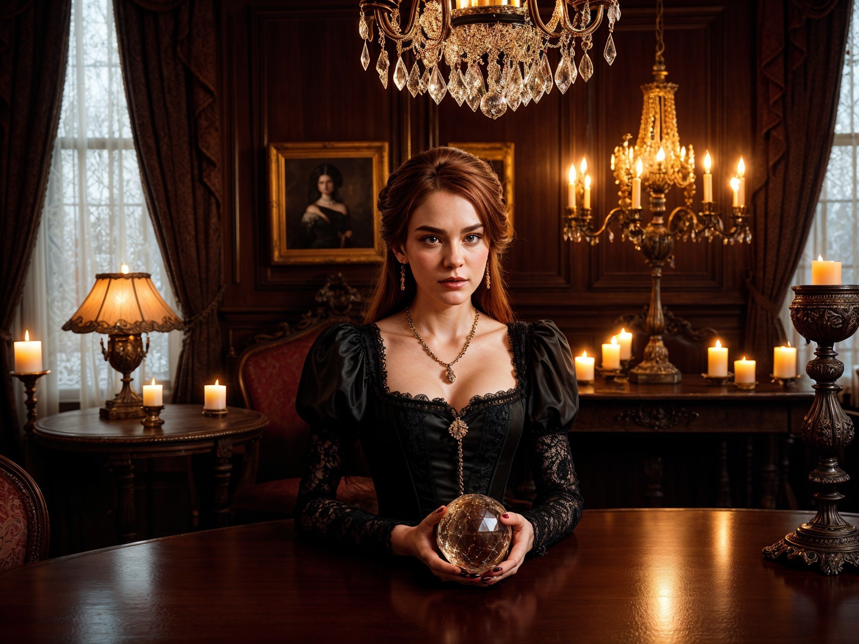 Young Woman in Victorian Dress with Crystal Ball