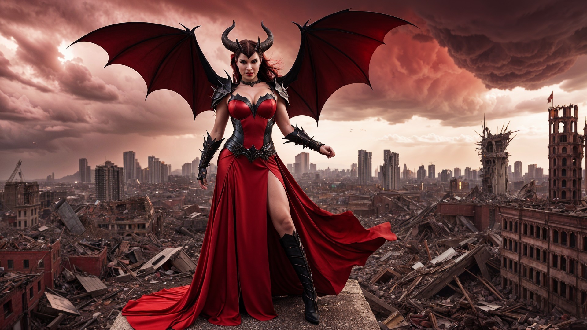 Powerful Figure in Red Gown with Bat-Like Wings