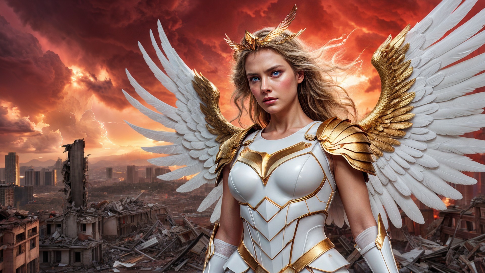 Heroic figure in golden armor amidst city ruins