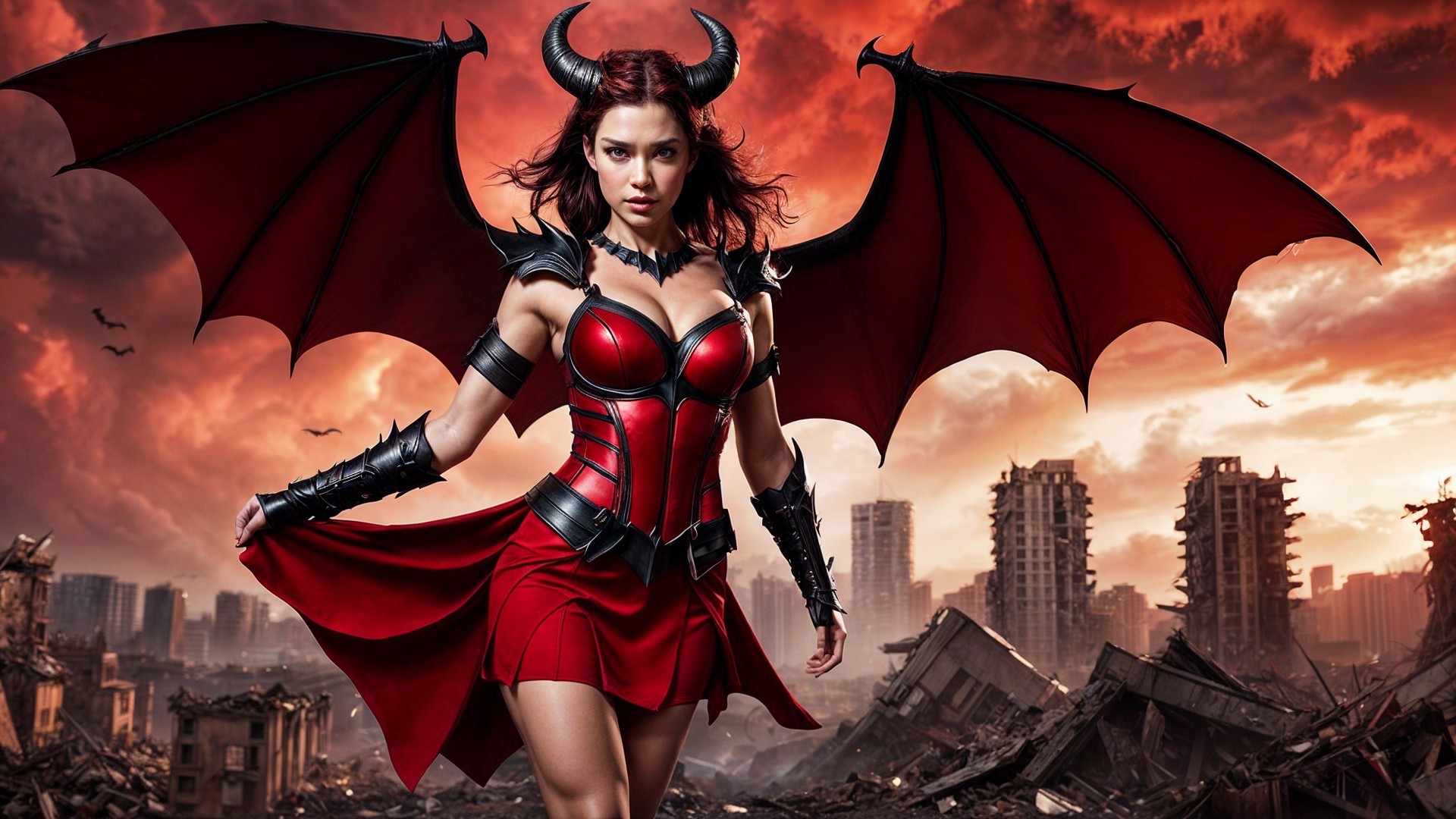 Fierce Female Figure in Urban Landscape with Dark Wings