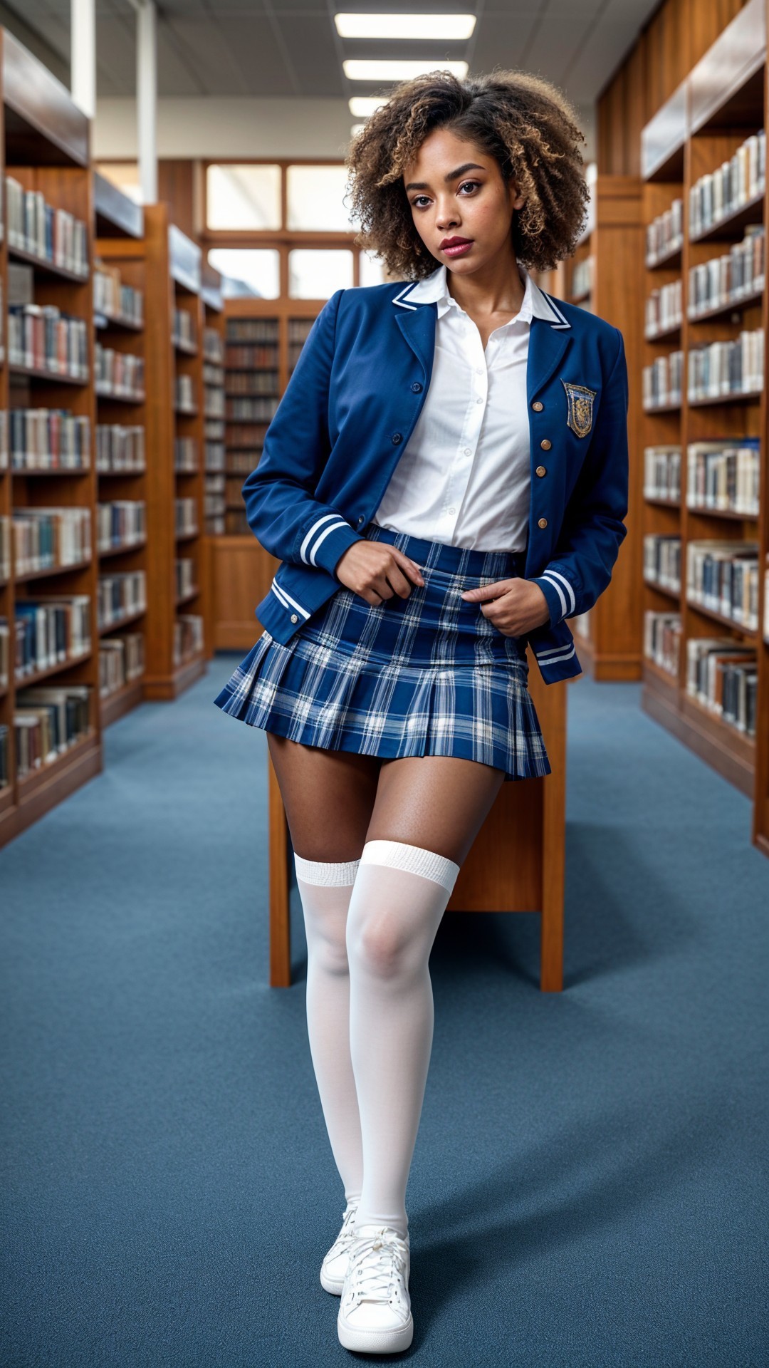 Young Woman in Stylish Attire in Library Setting