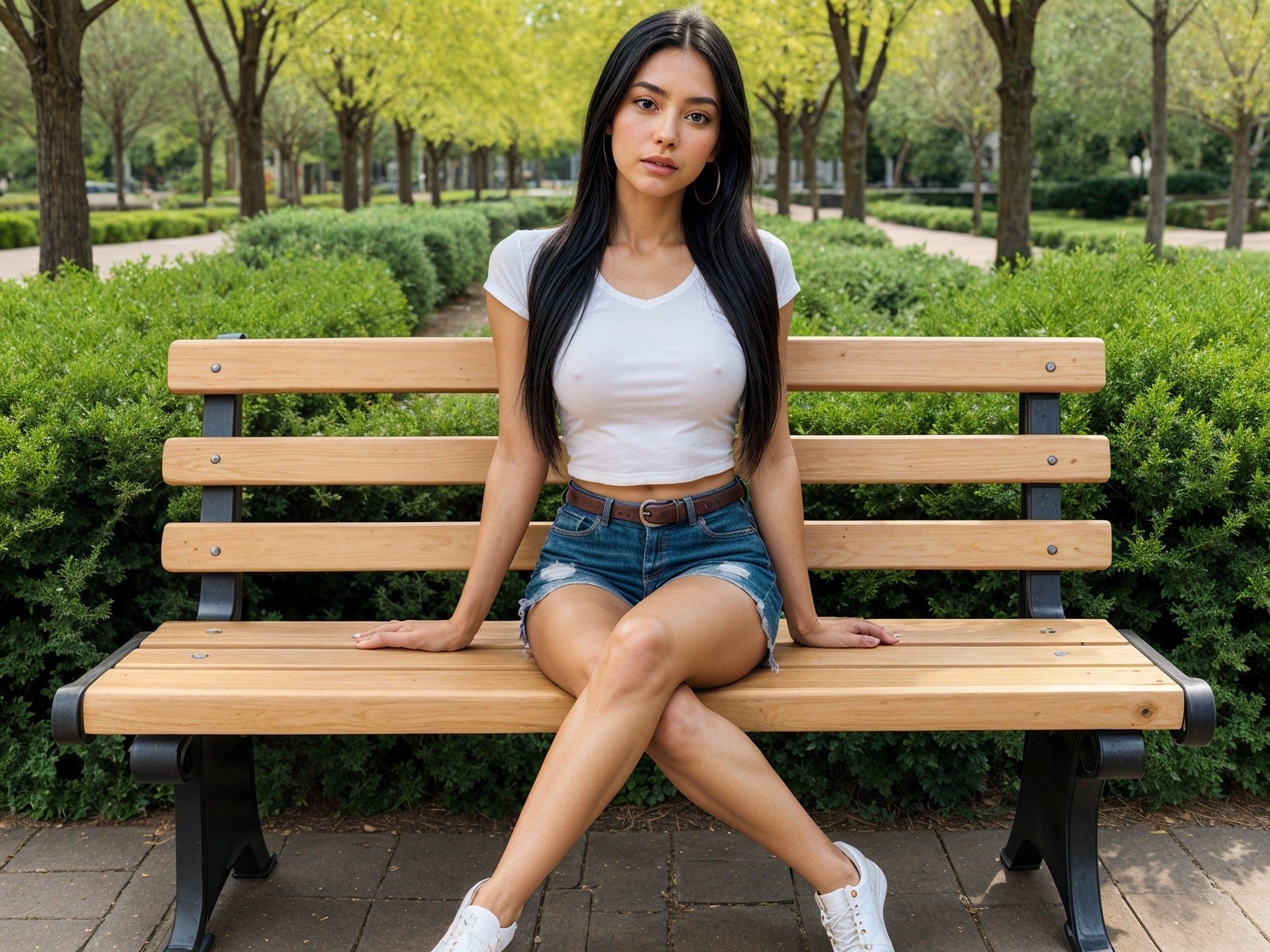 Young woman on bench in park with green trees