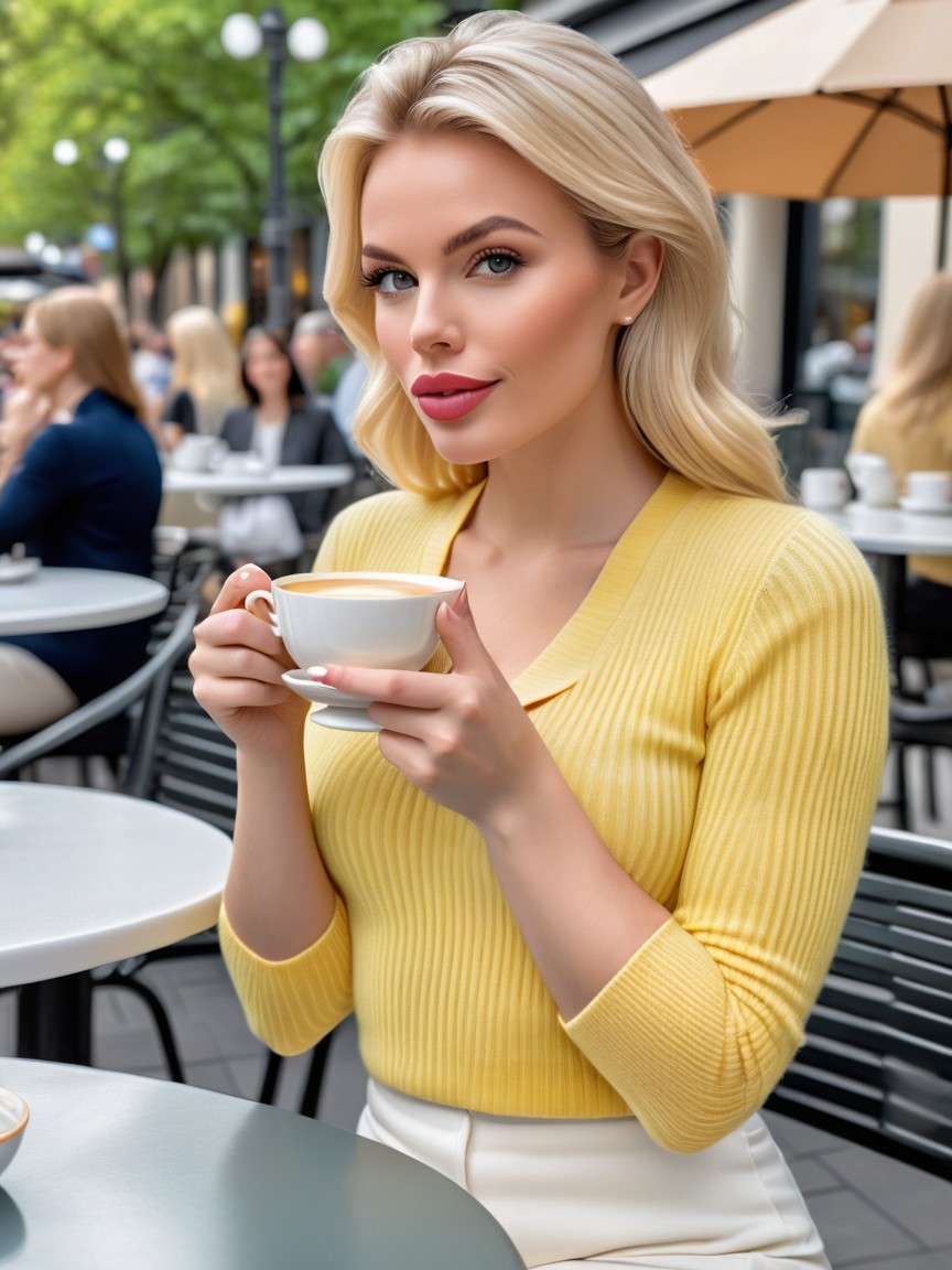 Stylish Woman in Yellow Sweater at Outdoor Café