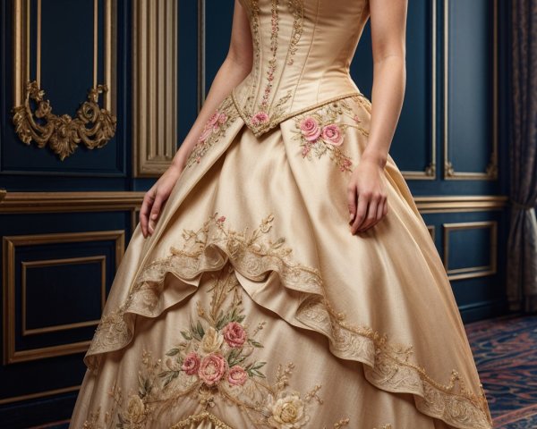 Elegant gold gown with floral embroidery in luxury setting