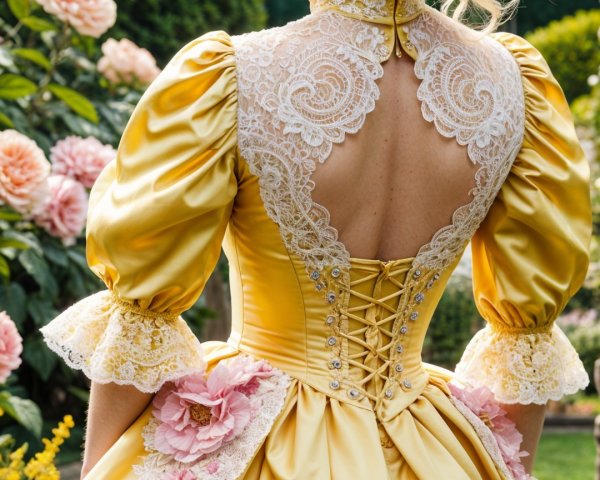 Woman in yellow dress in a lush garden setting