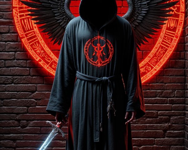 Cloaked Figure with Wings and Glowing Sword in Darkness