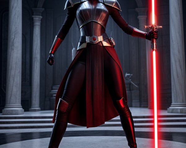 Confident Figure with Red Lightsaber in Classical Setting