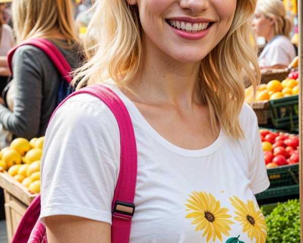 Young Woman Smiling at Vibrant Outdoor Market Scene