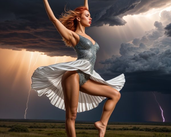 Dancer in Silver Outfit on Rocky Outcrop with Stormy Sky